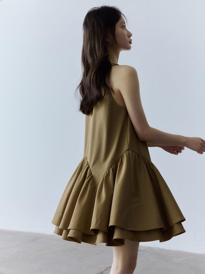FUSSED Cute Girlish Layered A Line V-ceck Sleeveless Loose Waist Khaki Midi Dresses