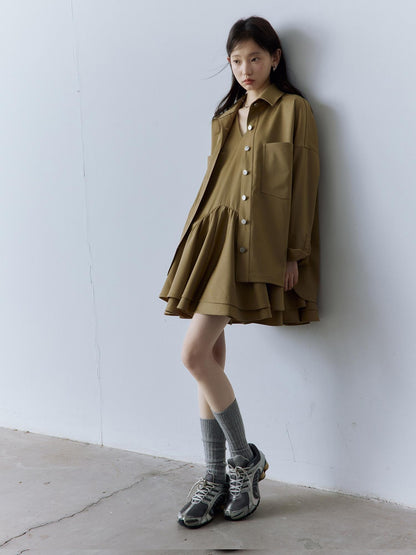 FUSSED Cute Girlish Layered A Line V-ceck Sleeveless Loose Waist Khaki Midi Dresses