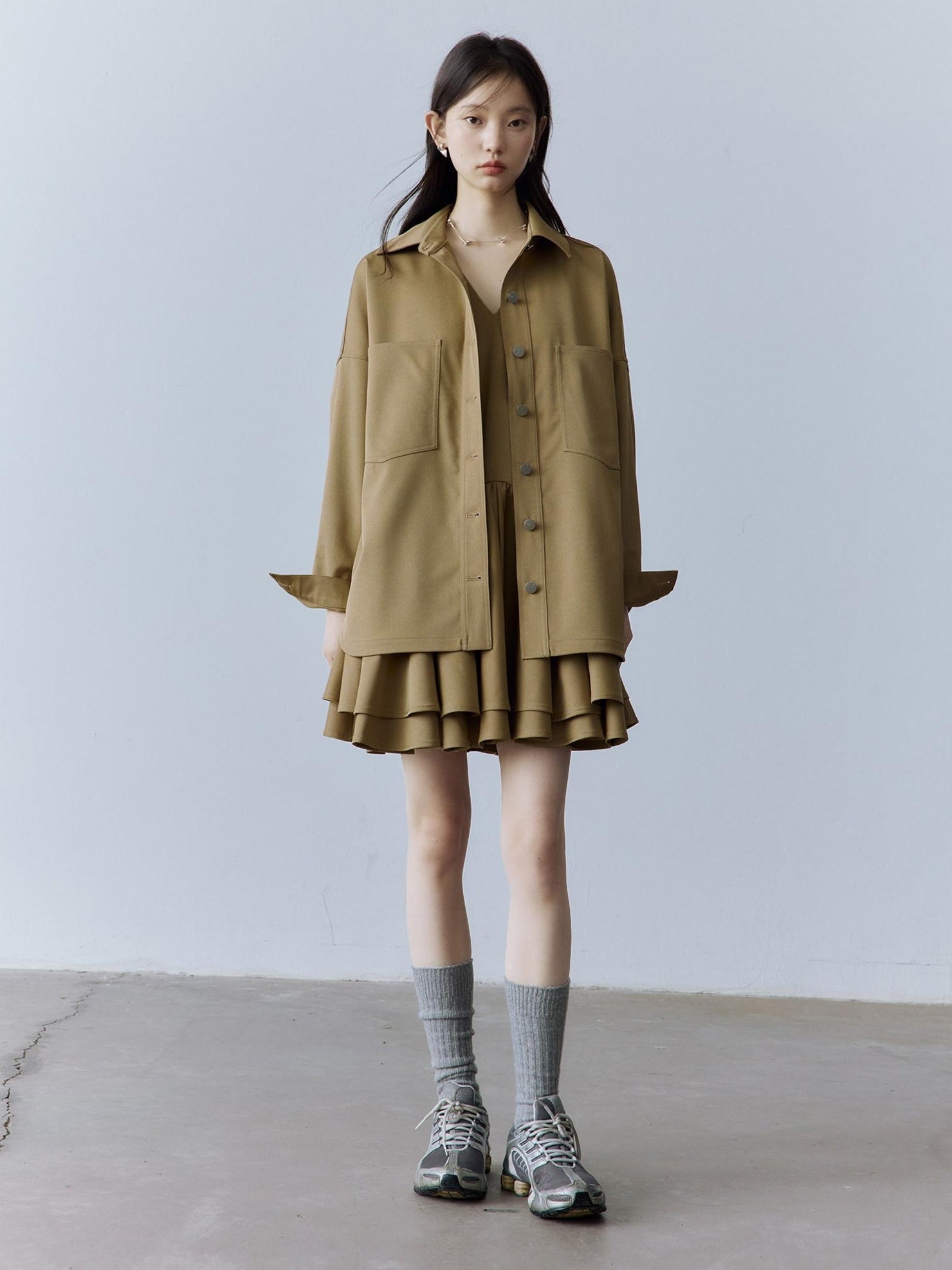 FUSSED Cute Girlish Layered A Line V-ceck Sleeveless Loose Waist Khaki Midi Dresses
