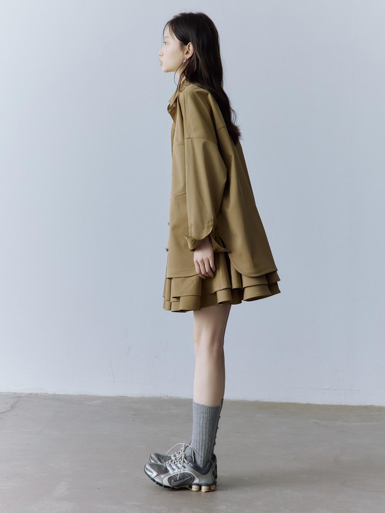 FUSSED Cute Girlish Layered A Line V-ceck Sleeveless Loose Waist Khaki Midi Dresses