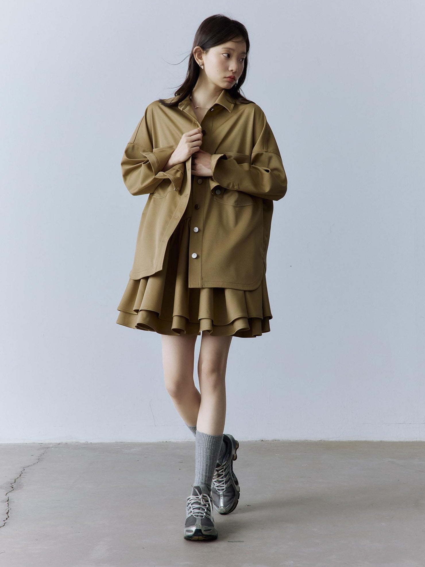 FUSSED Cute Girlish Layered A Line V-ceck Sleeveless Loose Waist Khaki Midi Dresses