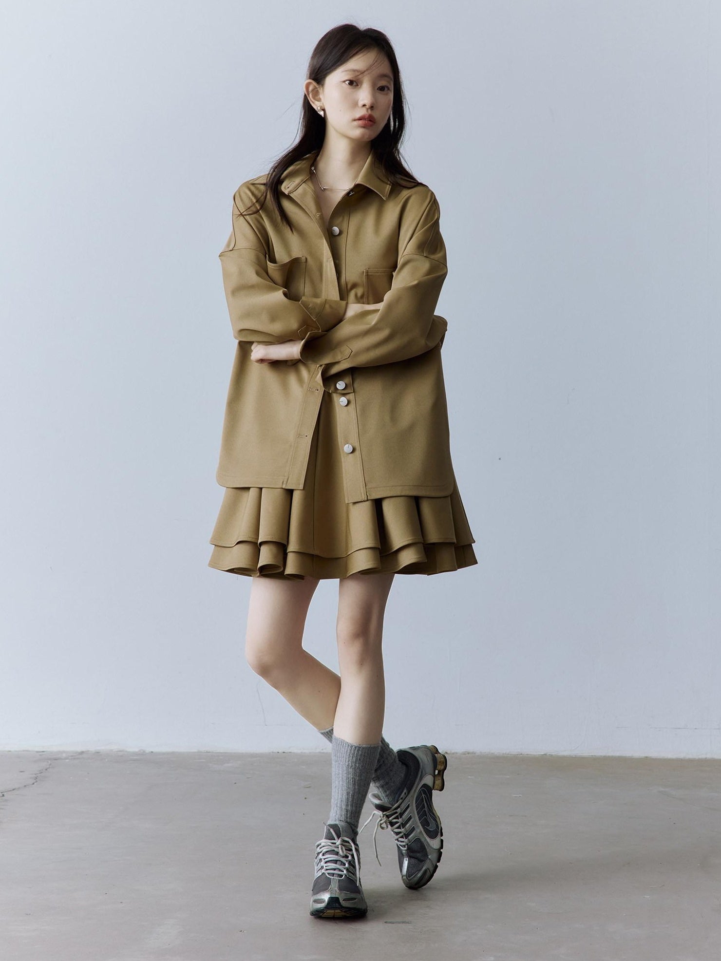 FUSSED Cute Girlish Layered A Line V-ceck Sleeveless Loose Waist Khaki Midi Dresses