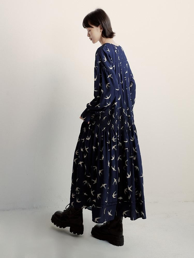 FUSSED Dark Blue Original Print Heavy Pleat Lantern Sleeve Women&