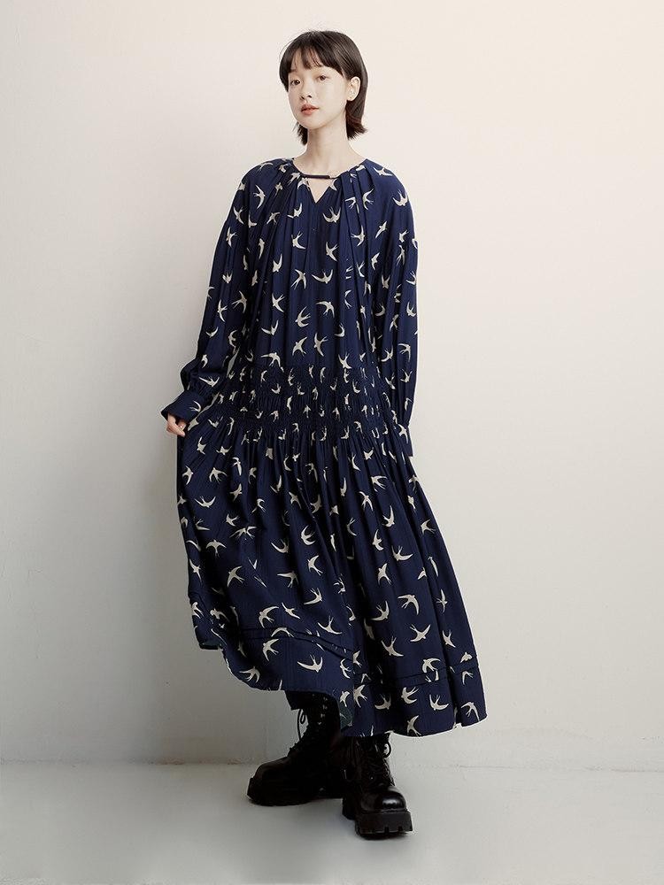 FUSSED Dark Blue Original Print Heavy Pleat Lantern Sleeve Women&