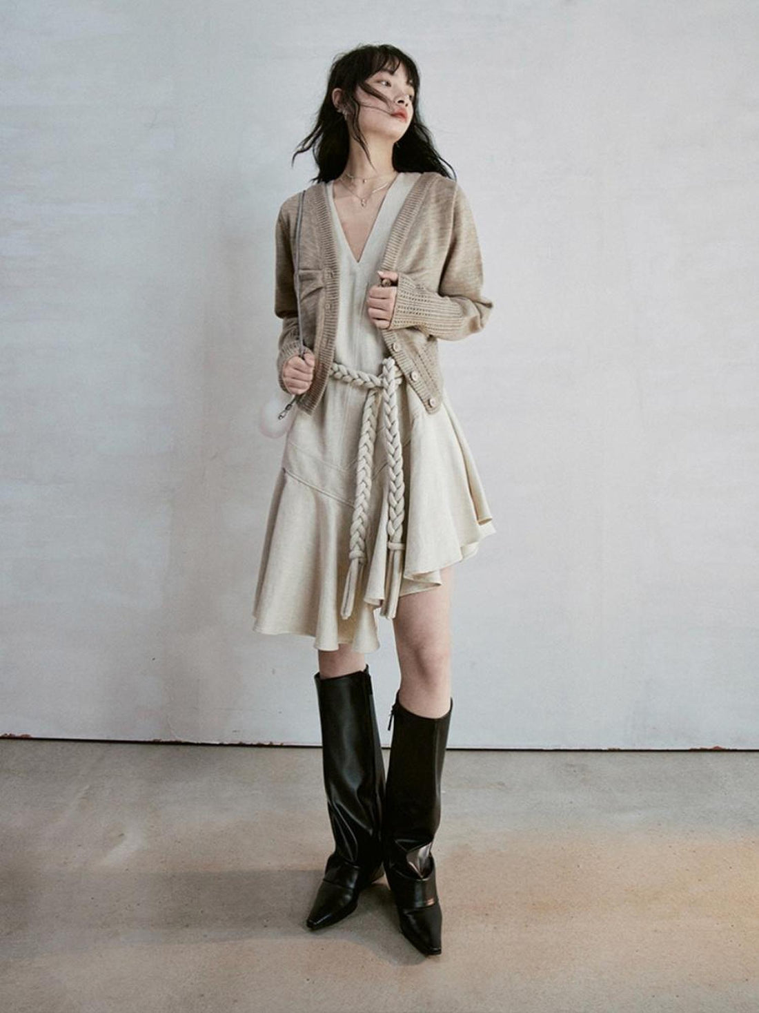 FUSSED Deconstructed V-Neck Linen Blend Asymmetrical Slip Dress