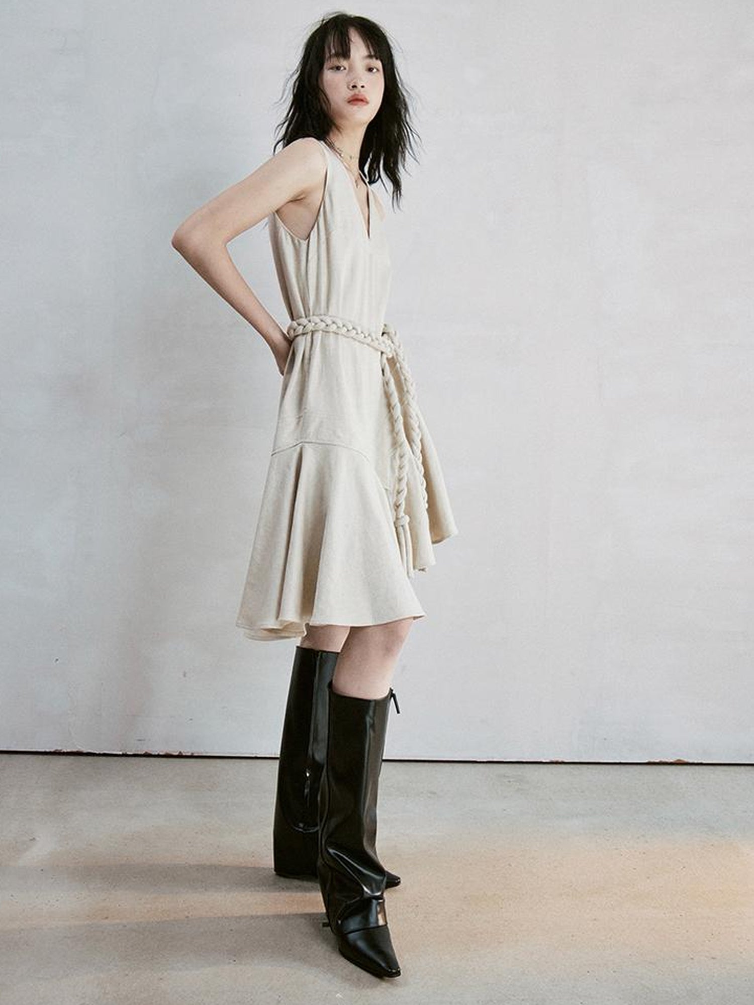 FUSSED Deconstructed V-Neck Linen Blend Asymmetrical Slip Dress