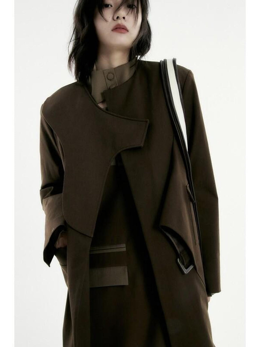 FUSSED Deep Brown Asymmetrical Structured Straight Trench Women&