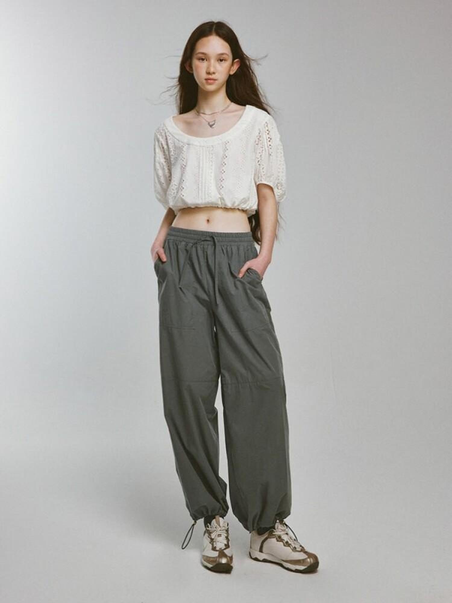 FUSSED Deep Grey Green Soft Matte Drawcord Elastic Cargo Pockets Women&