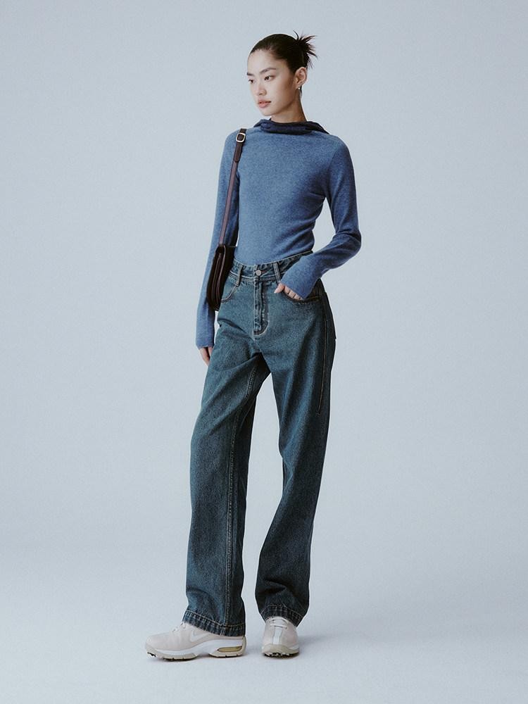 FUSSED Denim Blue Seamless One Piece Hooded Slim Women&