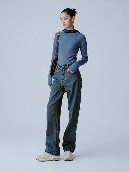 FUSSED Denim Blue Seamless One Piece Hooded Slim Women&