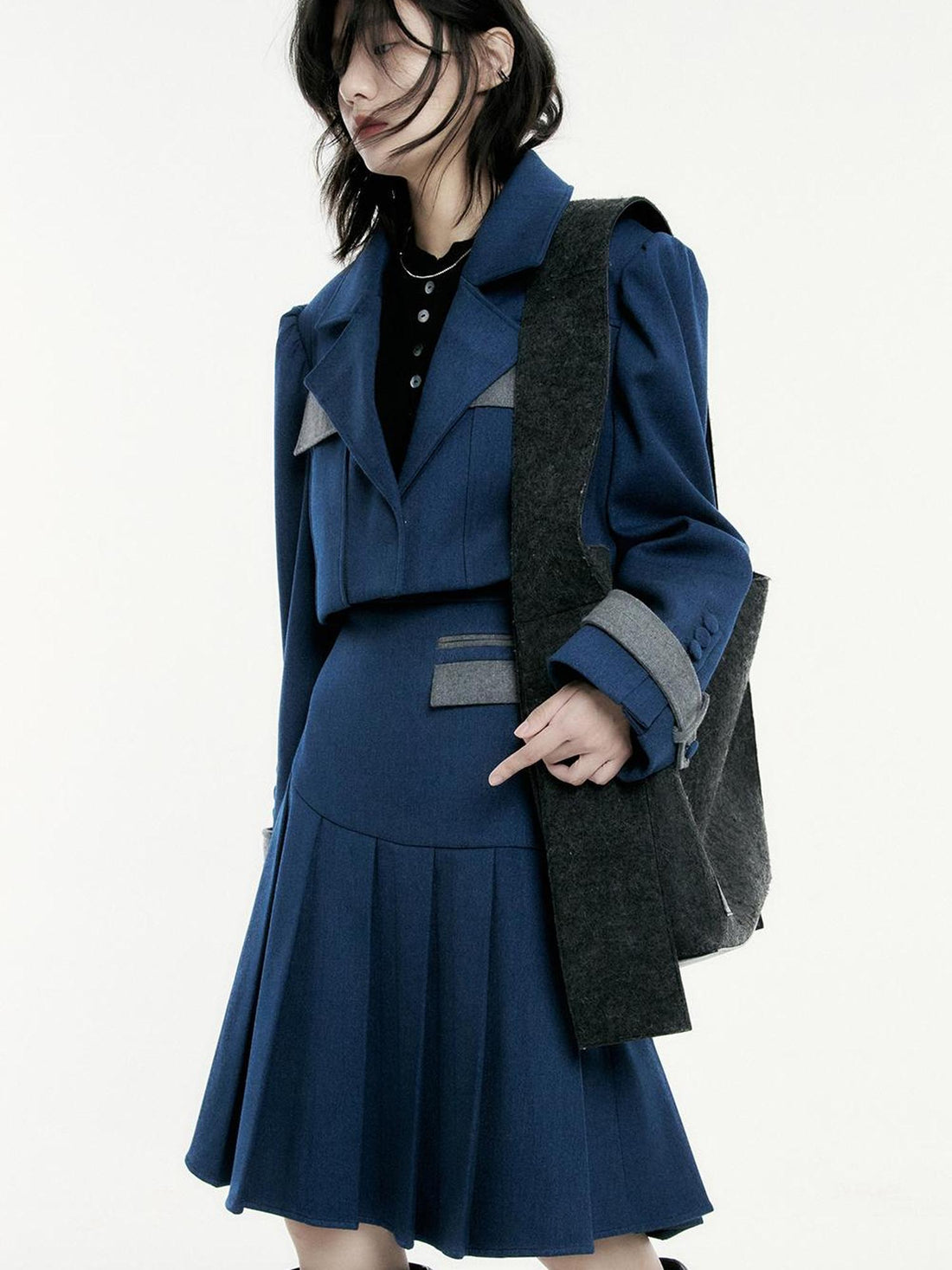 FUSSED Denim Blue Wool Blend Cropped Jacket with Grey Panels
