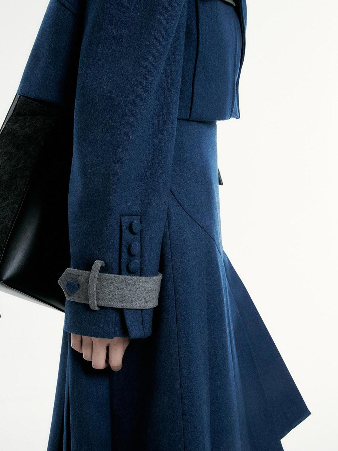 FUSSED Denim Blue Wool Blend Cropped Jacket with Grey Panels