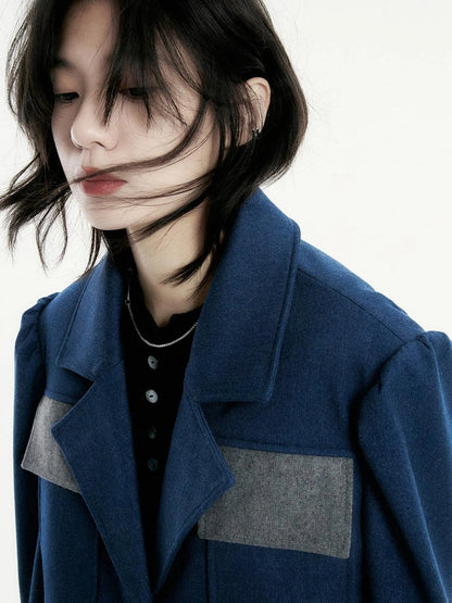 Denim Blue Wool Blend Cropped Jacket with Grey Panels