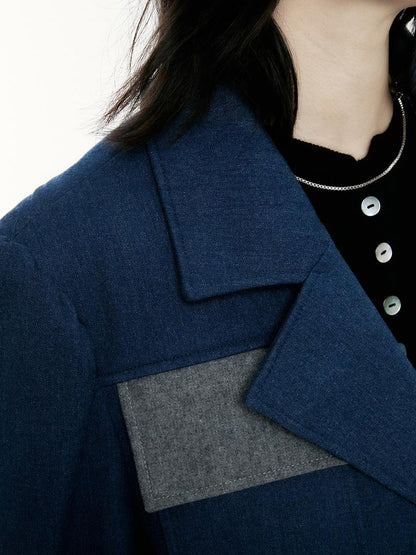 FUSSED Denim Blue Wool Blend Cropped Jacket with Grey Panels