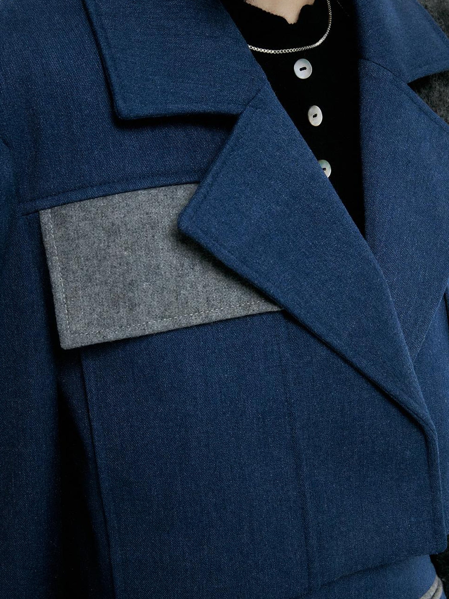 FUSSED Denim Blue Wool Blend Cropped Jacket with Grey Panels