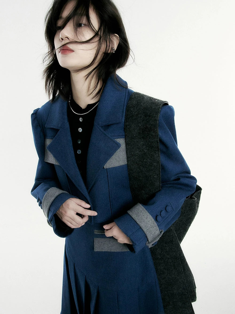 FUSSED Denim Blue Wool Blend Cropped Jacket with Grey Panels