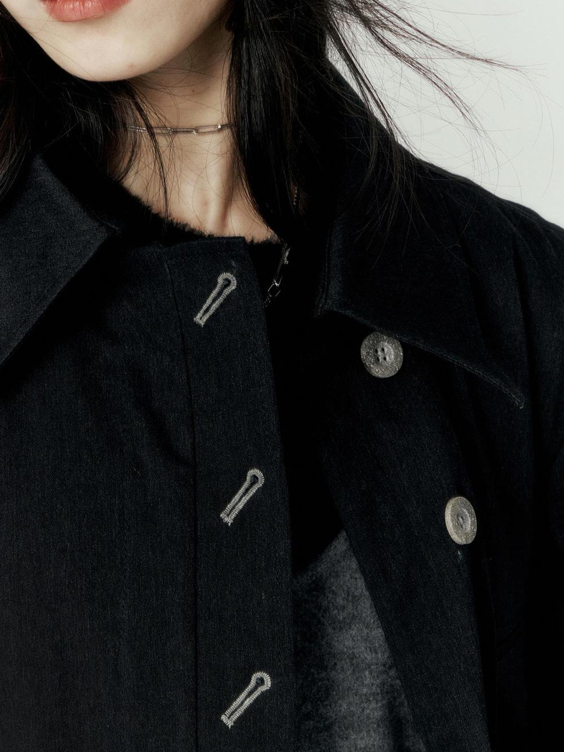 FUSSED Denim Pleated Trench Coat With Quilted Lining And A Line Silhouette