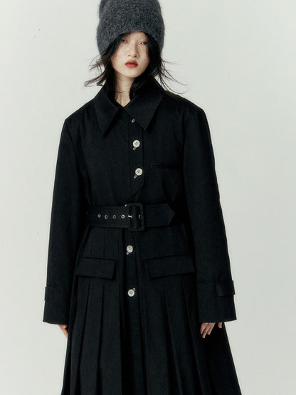 FUSSED Denim Pleated Trench Coat With Quilted Lining And A Line Silhouette