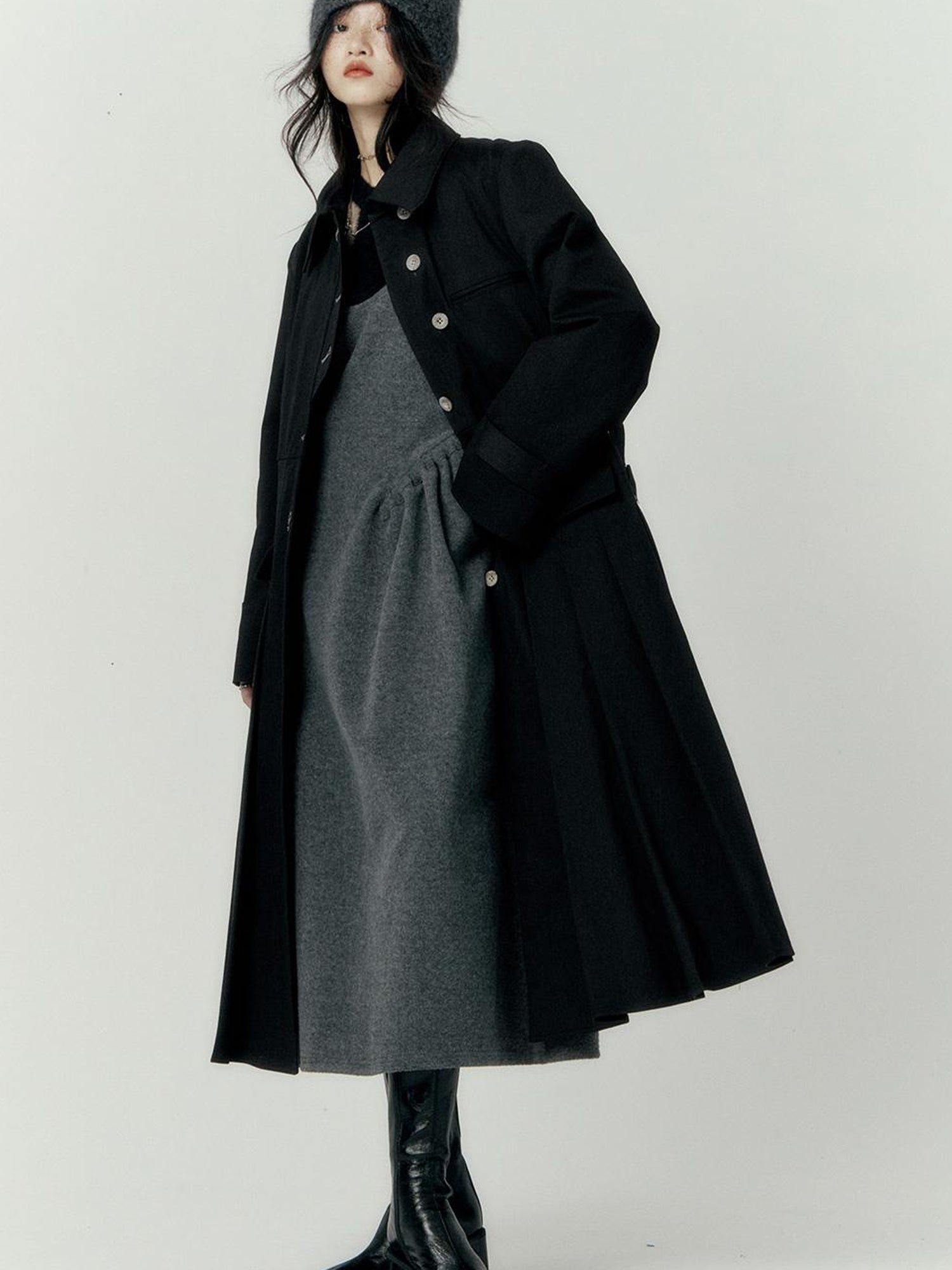 FUSSED Denim Pleated Trench Coat With Quilted Lining And A Line Silhouette