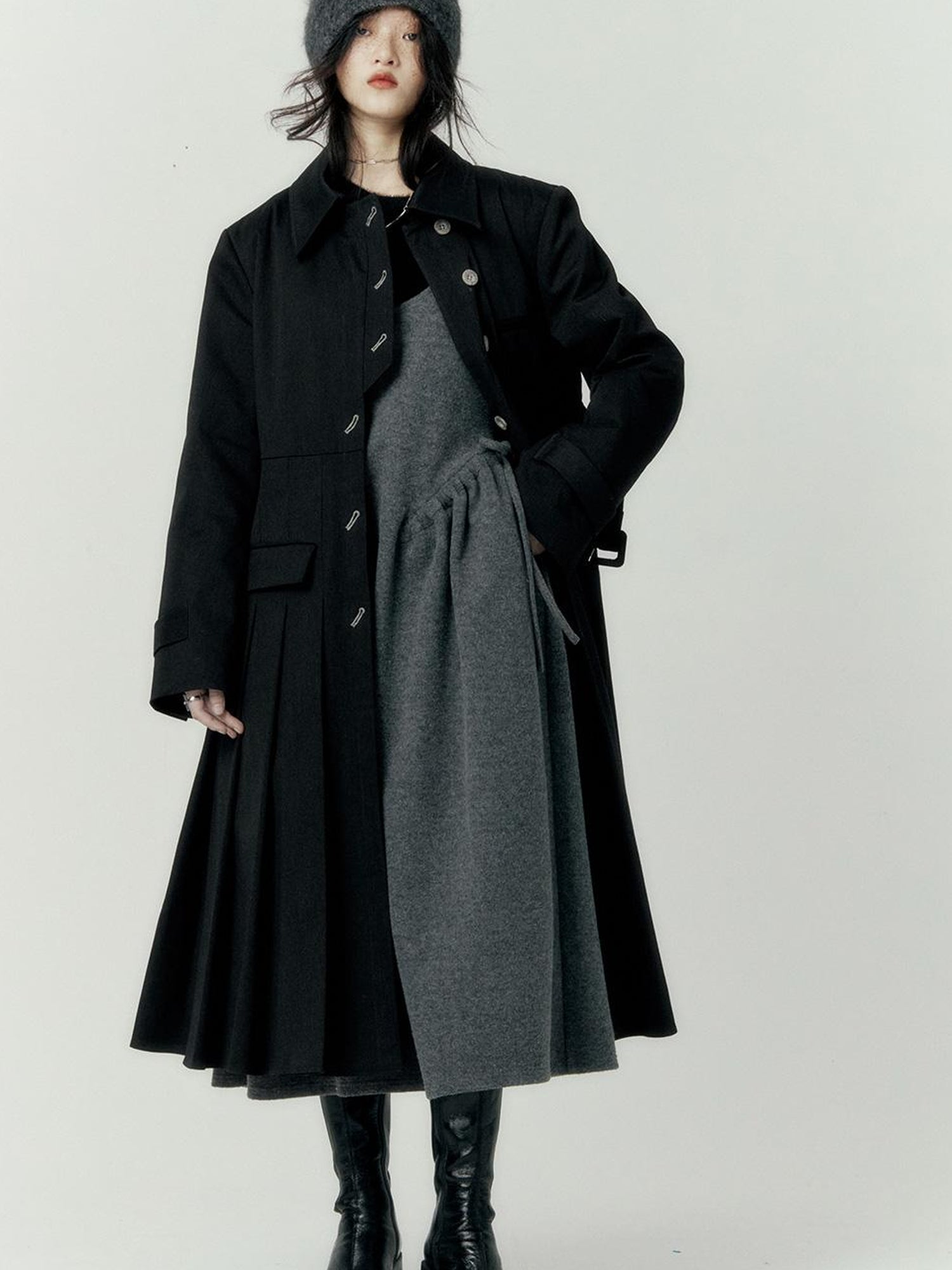 FUSSED Denim Pleated Trench Coat With Quilted Lining And A Line Silhouette