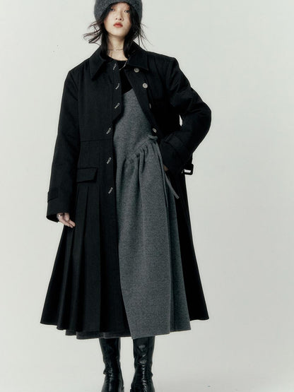 FUSSED Denim Pleated Trench Coat With Quilted Lining And A Line Silhouette