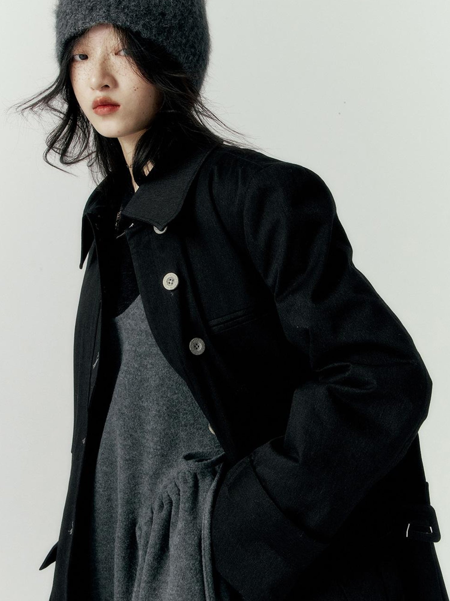 FUSSED Denim Pleated Trench Coat With Quilted Lining And A Line Silhouette