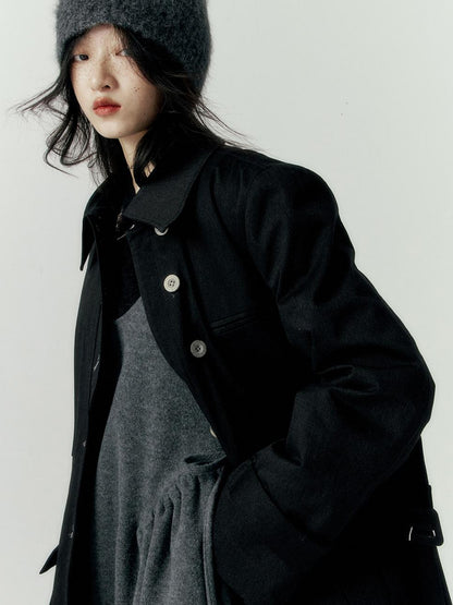 FUSSED Denim Pleated Trench Coat With Quilted Lining And A Line Silhouette
