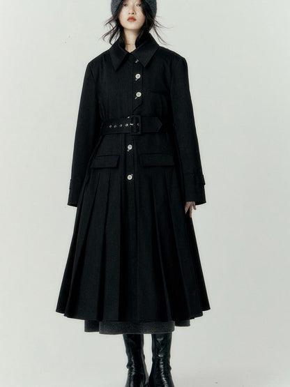 FUSSED Denim Pleated Trench Coat With Quilted Lining And A Line Silhouette