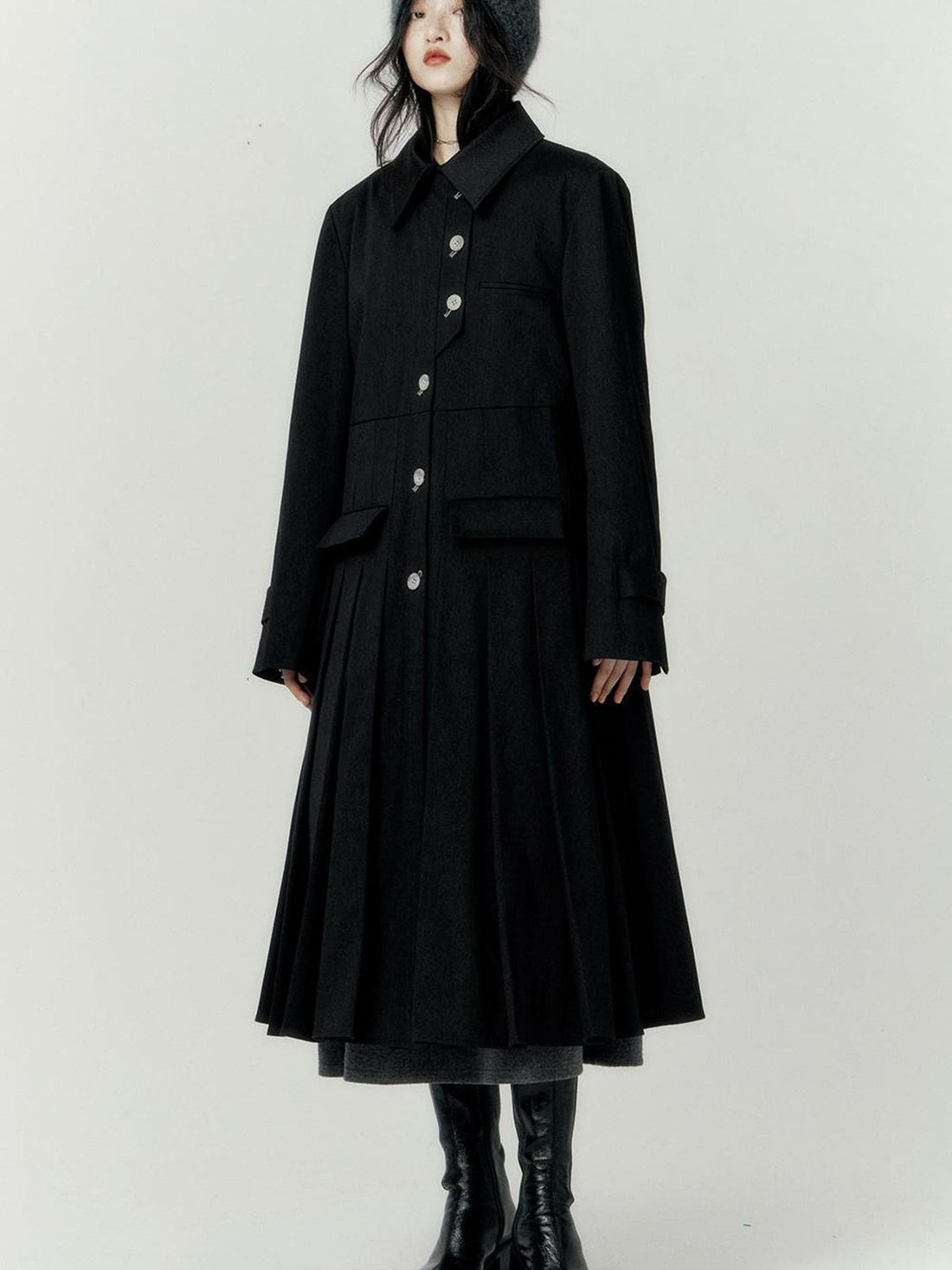 FUSSED Denim Pleated Trench Coat With Quilted Lining And A Line Silhouette