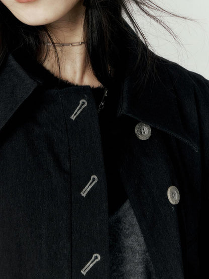 FUSSED Denim Pleated Trench Coat With Quilted Lining And A Line Silhouette