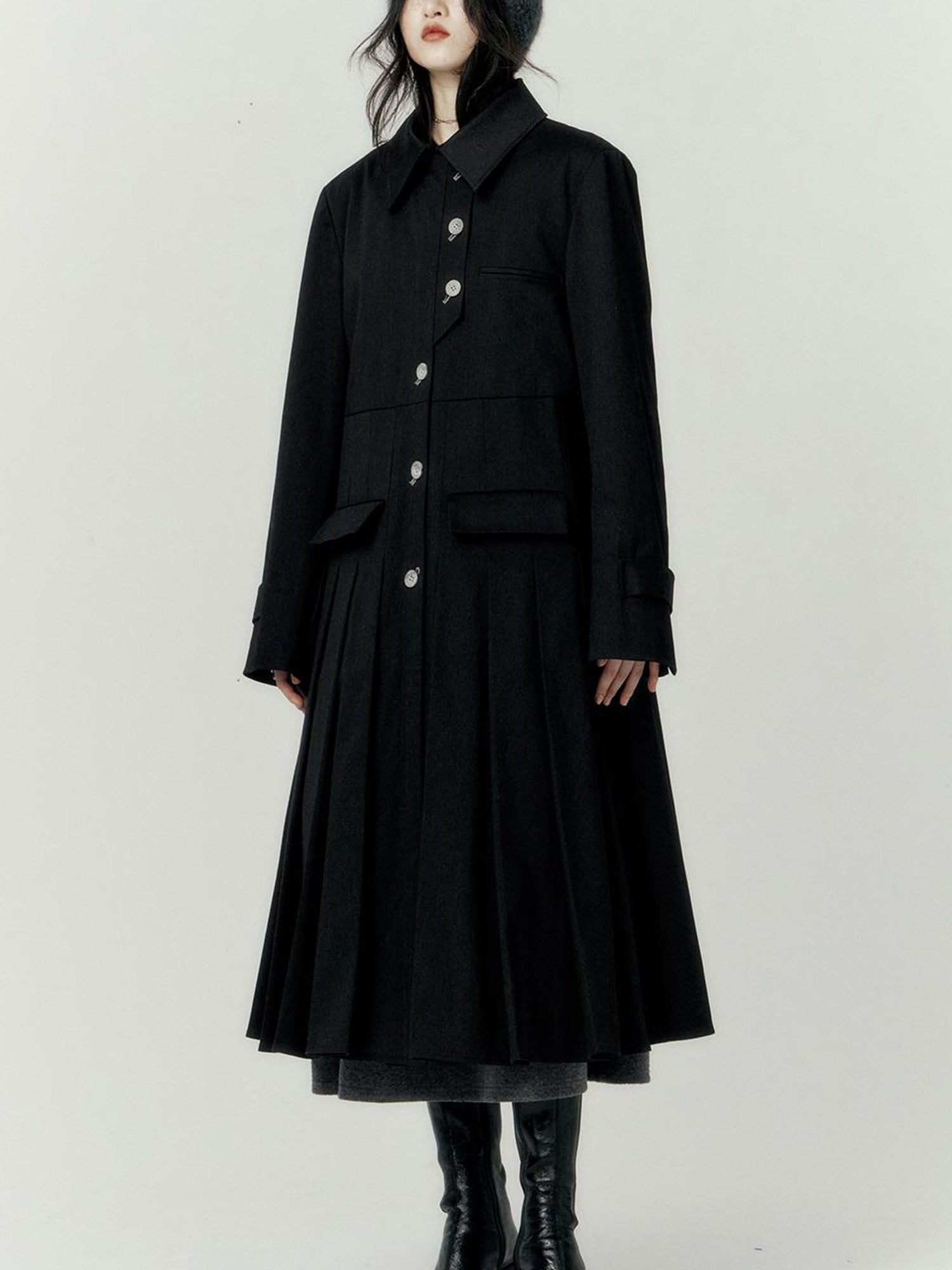 FUSSED Denim Pleated Trench Coat With Quilted Lining And A Line Silhouette