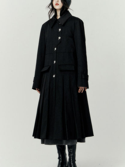 FUSSED Denim Pleated Trench Coat With Quilted Lining And A Line Silhouette