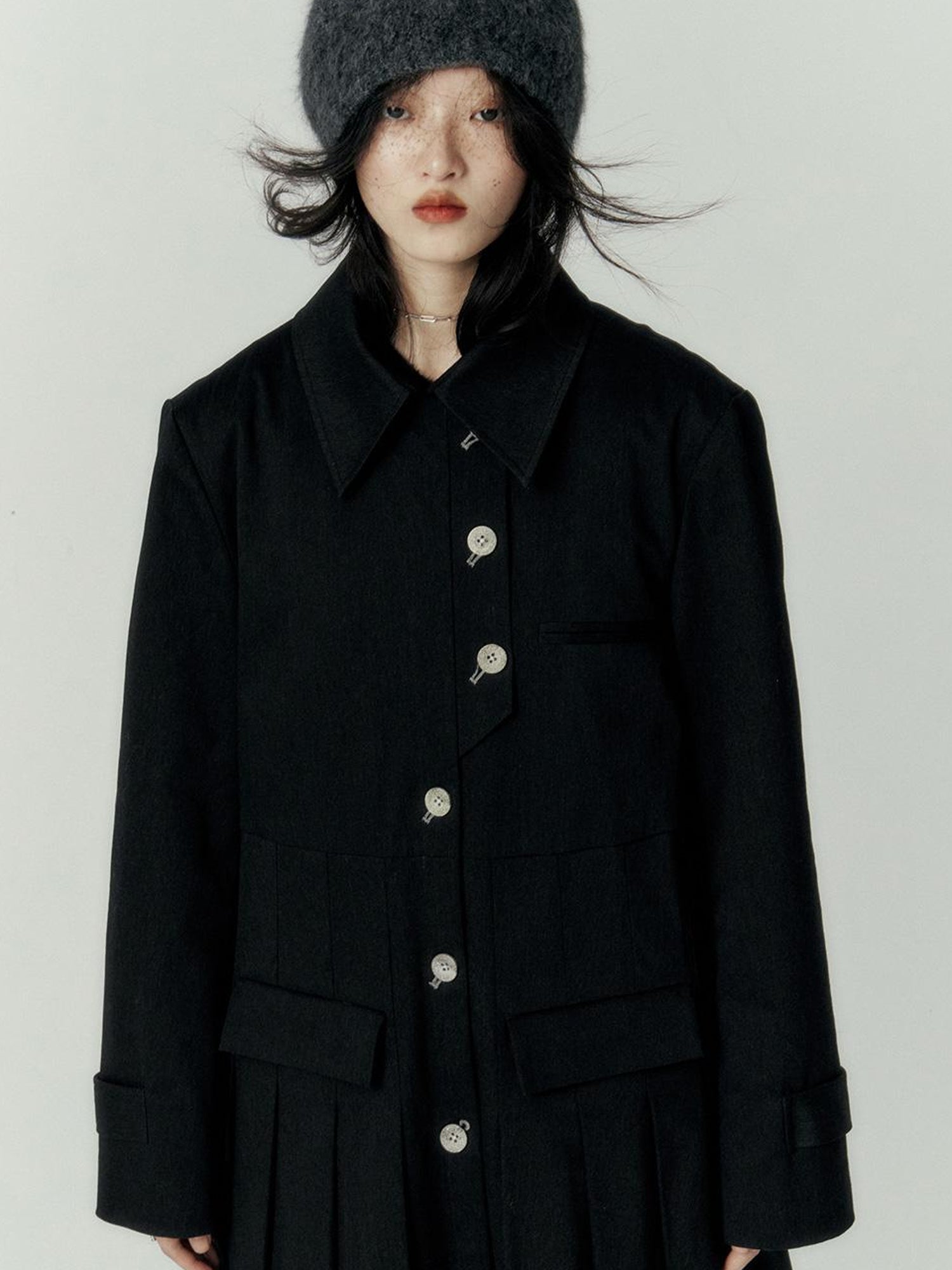 FUSSED Denim Pleated Trench Coat With Quilted Lining And A Line Silhouette