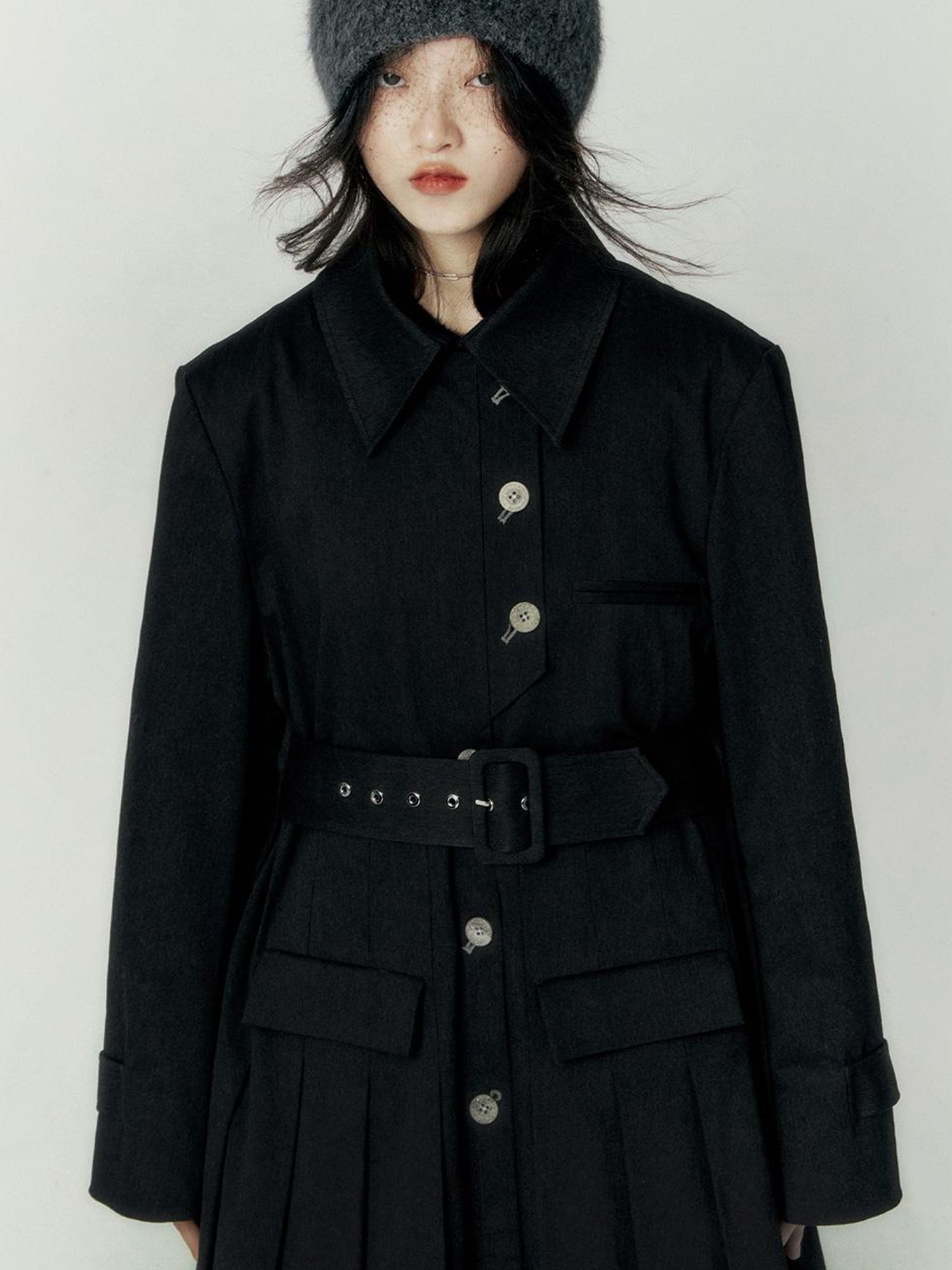FUSSED Denim Pleated Trench Coat With Quilted Lining And A Line Silhouette