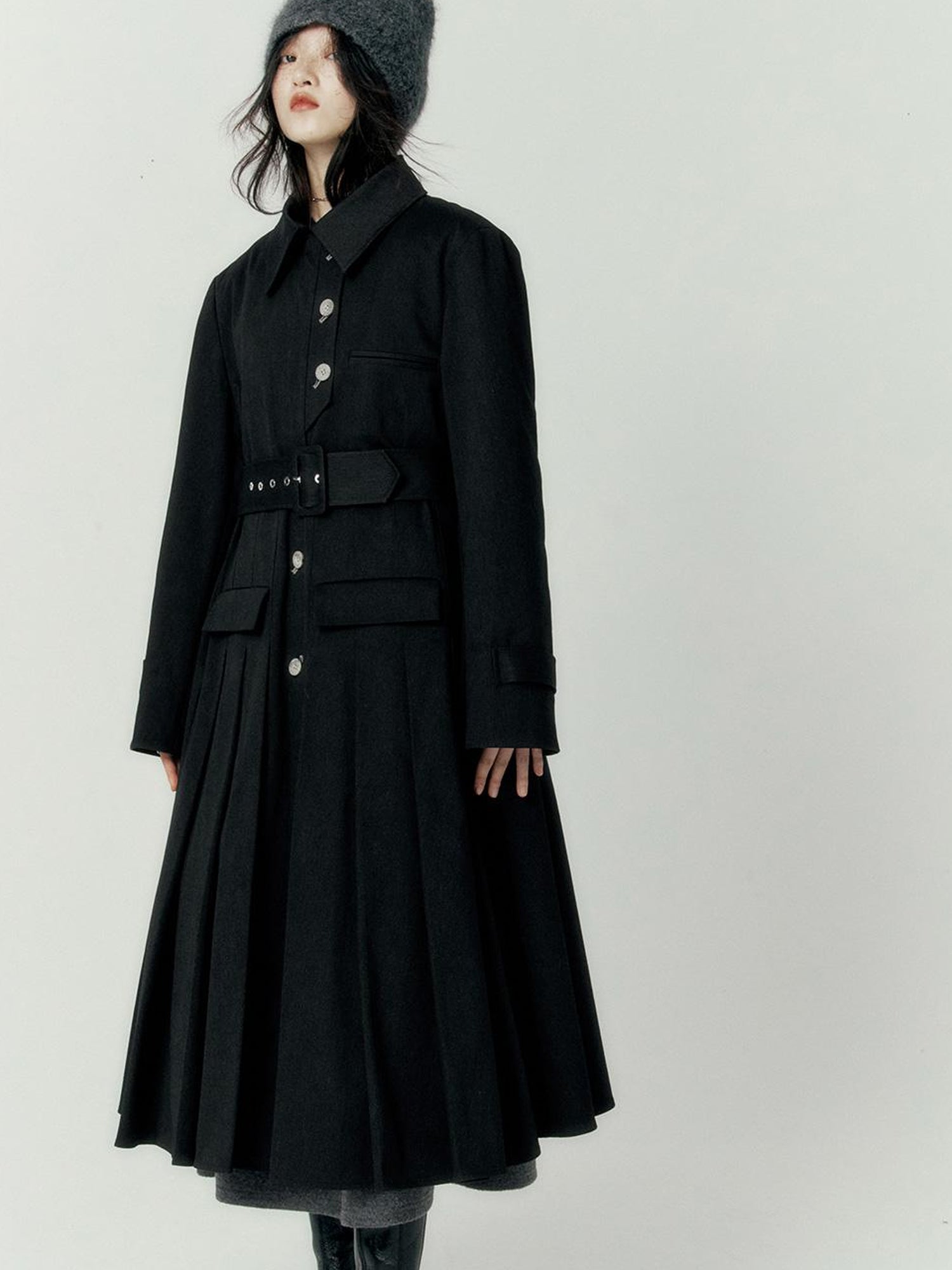 FUSSED Denim Pleated Trench Coat With Quilted Lining And A Line Silhouette