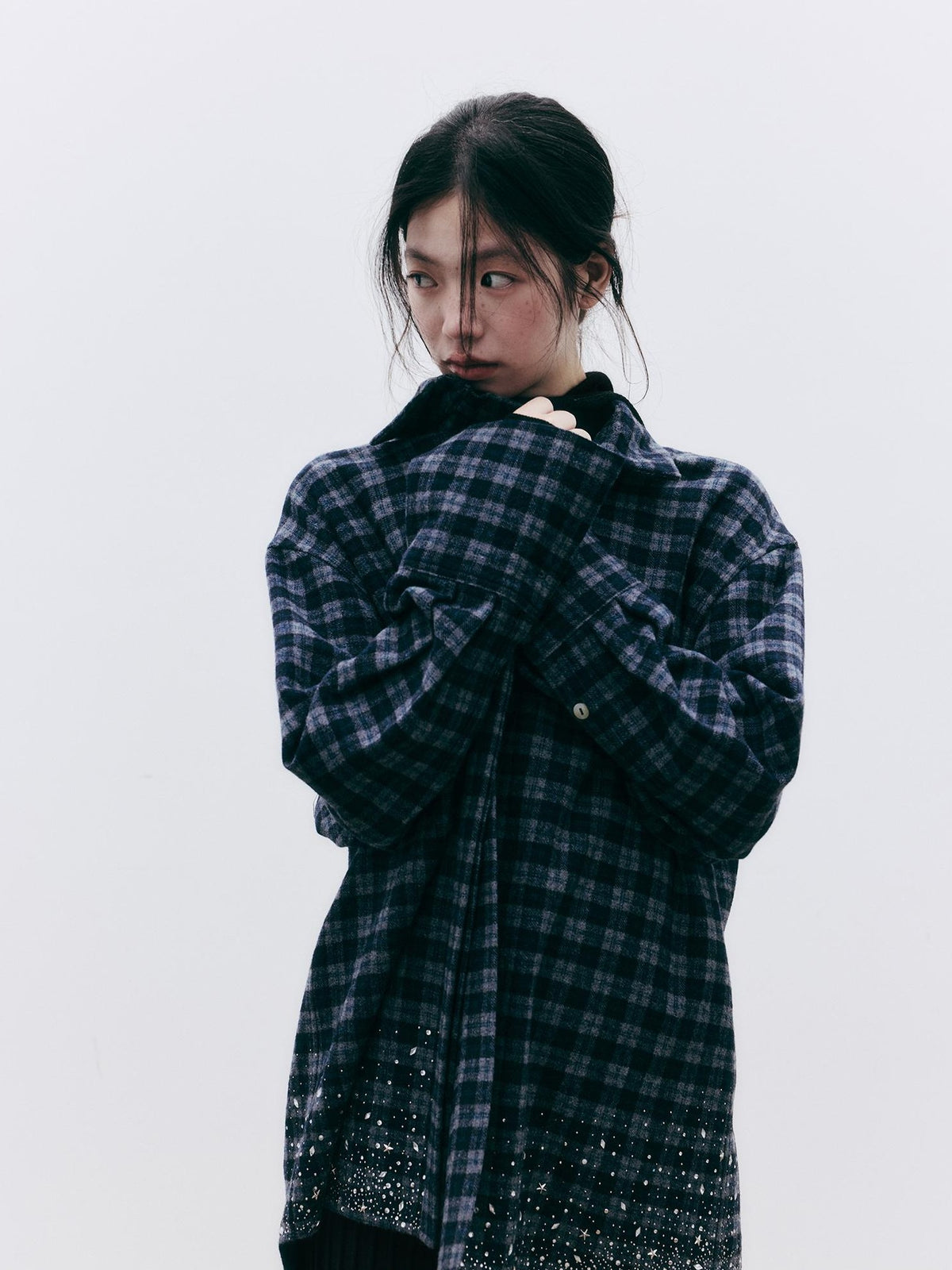 FUSSED Diamond Embroidered Plaid Knit Women&