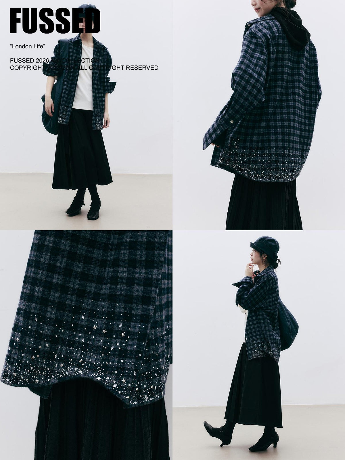 FUSSED Diamond Embroidered Plaid Knit Women&