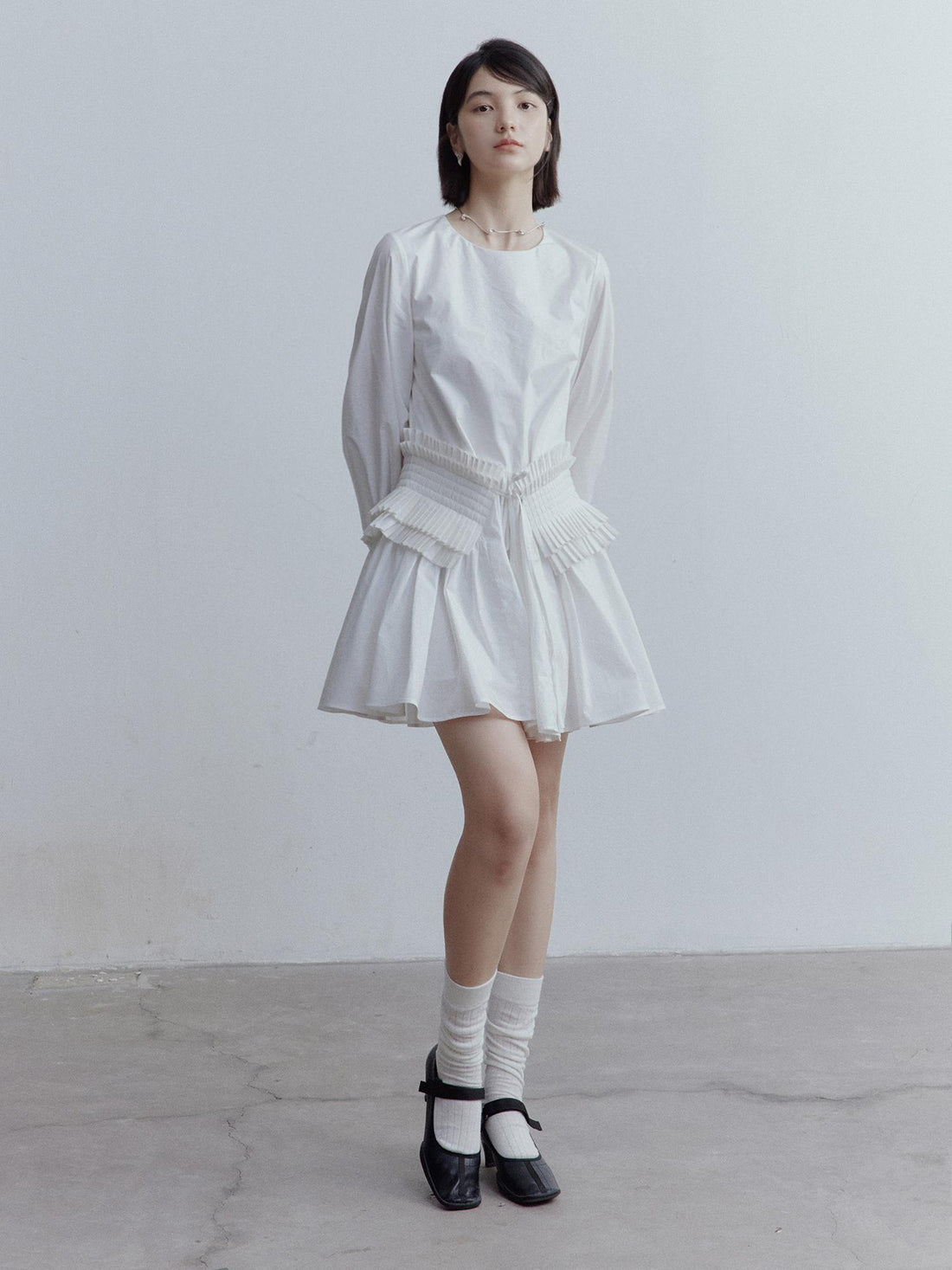 FUSSED Double Dream Pleated Cotton Voile White Babydoll Dress