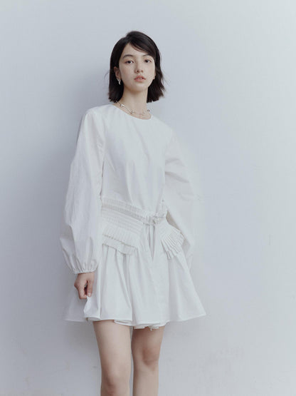 FUSSED Double Dream Pleated Cotton Voile White Babydoll Dress