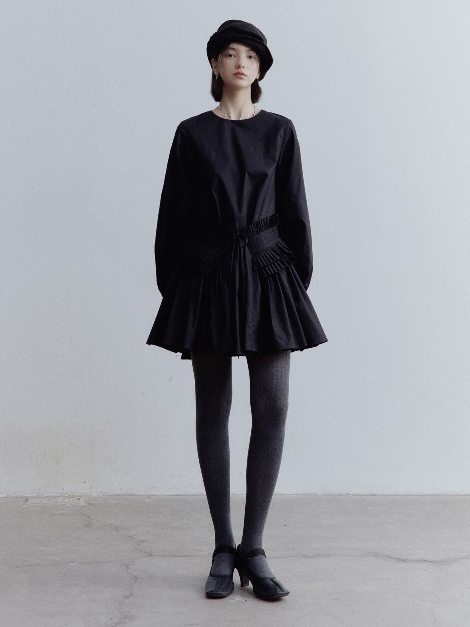 FUSSED Double Dream Pleats Black Cotton Babydoll Dress V-Neck T-Shirt Long-Sleeve