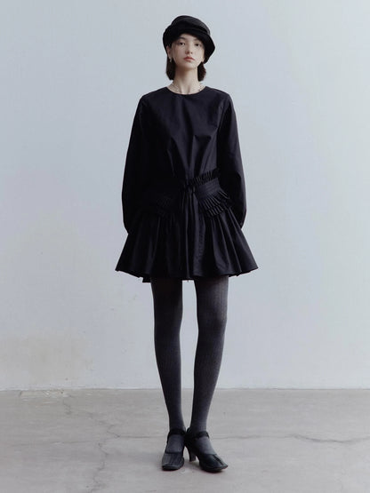 Double Dream Pleats Black Cotton Babydoll Dress V-Neck T-Shirt Long-Sleeve