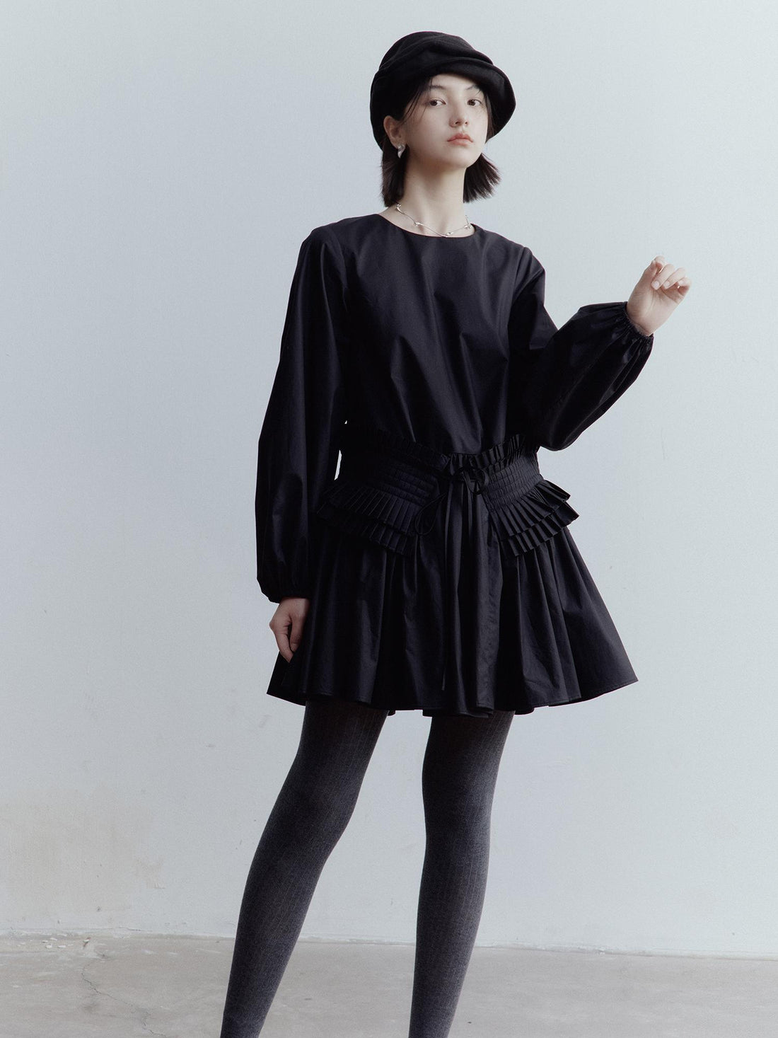 FUSSED Double Dream Pleats Black Cotton Babydoll Dress V-Neck T-Shirt Long-Sleeve
