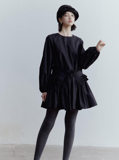 FUSSED Double Dream Pleats Black Cotton Babydoll Dress V-Neck T-Shirt Long-Sleeve