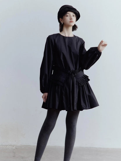 Double Dream Pleats Black Cotton Babydoll Dress V-Neck T-Shirt Long-Sleeve