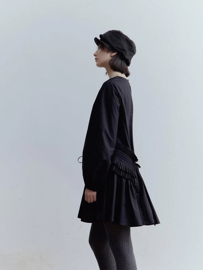 Double Dream Pleats Black Cotton Babydoll Dress V-Neck T-Shirt Long-Sleeve