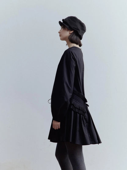 Double Dream Pleats Black Cotton Babydoll Dress V-Neck T-Shirt Long-Sleeve