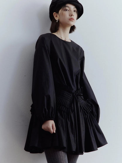 Double Dream Pleats Black Cotton Babydoll Dress V-Neck T-Shirt Long-Sleeve