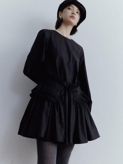 FUSSED Double Dream Pleats Black Cotton Babydoll Dress V-Neck T-Shirt Long-Sleeve