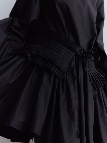 FUSSED Double Dream Pleats Black Cotton Babydoll Dress V-Neck T-Shirt Long-Sleeve