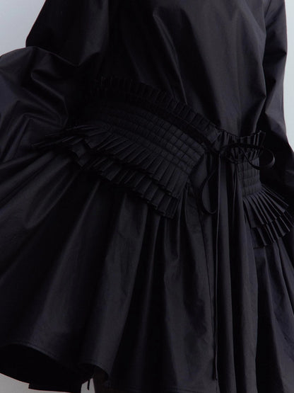 Double Dream Pleats Black Cotton Babydoll Dress V-Neck T-Shirt Long-Sleeve